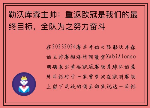 勒沃库森主帅：重返欧冠是我们的最终目标，全队为之努力奋斗